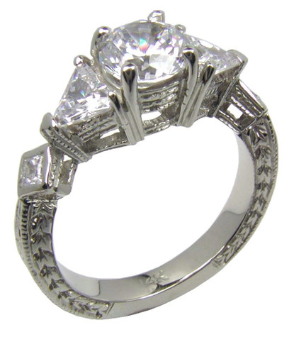 Decoti 1 carat round trillion princess cut engraved estate style lab grown diamond alternative cubic zirconia ring in 14k white gold.