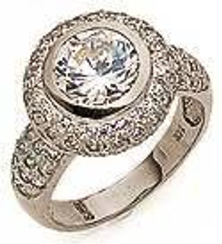 Metcalf 3.5 carat round lab grown diamond alternative cubic zirconia bezel set halo pave encrusted ring in 14k white gold.