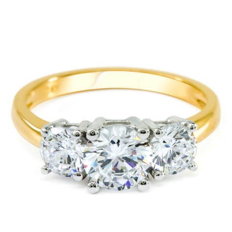 Three stone 1 carat round lab grown diamond simulant cubic zirconia past, present and future anniversary ring in two tone 14k gold.