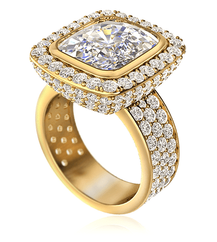 Avellina 7 carat emerald radiant cut halo lab created cubic zirconia ring in 14k yellow gold.