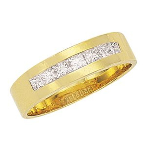 Garo Princess Cut Channel Set Mens Wedding Band with simulated lab grown diamond quality cubic zirconia in 14k yellow gold.