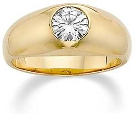 Gypsy Dome 2.5 Carat  Bezel Round Mens Ring with lab grown diamond look cubic zirconia in 14k yellow gold.