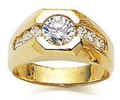 Armstrong round bezel set channel set mens ring with lab grown diamond look cubic zirconia in 14k yellow gold.