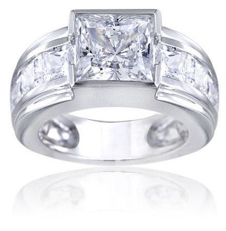 Semi Bezel Princess Cut Channel Set Mens Ring with lab grown diamond alternative cubic zirconia in 14k white gold.