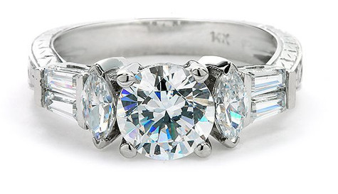 Round Marquise Baguette Filigree Engraved Engagement Ring with lab grown diamond simulant cubic zirconia in platinum.