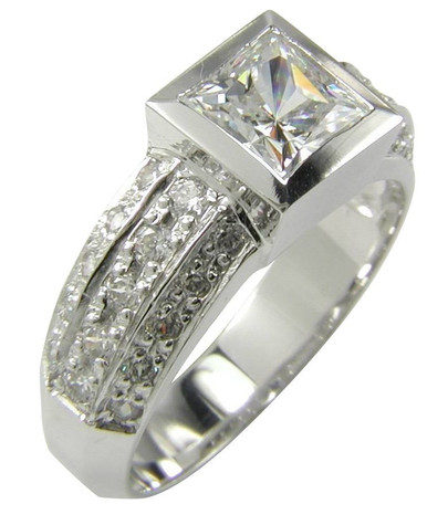 Bezelli 1 carat princess cut bezel set lab created cubic zirconia pave solitaire engagement ring in platinum.