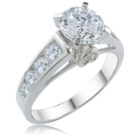 Marteen 1.25 carat round lab grown diamond alternative cubic zirconia channel set rounds cathedral engagement ring in 14k white gold.