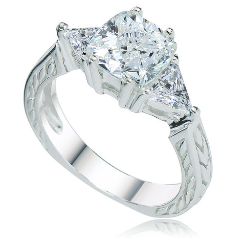 Cecilia 1.5 carat cushion cut square with trillions three stone antique estate laboratory grown diamond look cubic zirconia ring in 14k white gold.