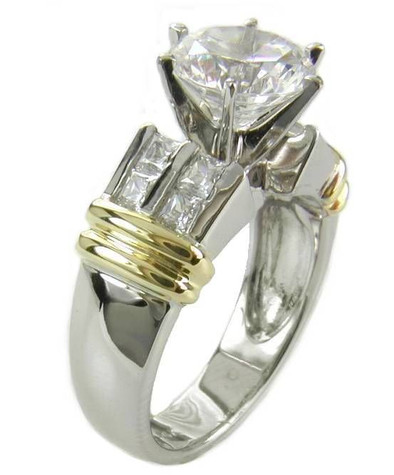 Double Row 14K Two Tone 2 Carat Round Channel Set Princess Cut Solitaire with lab grown diamond look cubic zirconia.