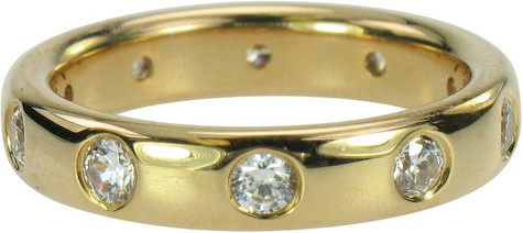 Bellwood burnish set round lab grown diamond quality cubic zirconia eternity band in 14k yellow gold.