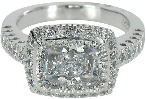 Gervase 2.5 carat elongated cushion cut lab grown diamond simulant cubic zirconia pave set halo engagement ring in platinum.