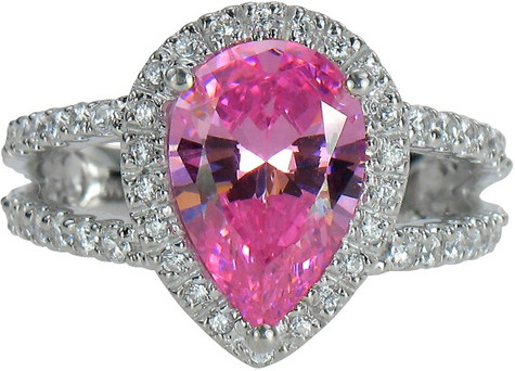 Carlton Pear 3 carat pink lab grown diamond simulant cubic zirconia pave set halo split shank engagement ring in platinum.
