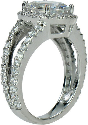 Carlton Oval 2.5 carat lab grown diamond alternative cubic zirconia pave set halo split shank engagement ring in platinum.