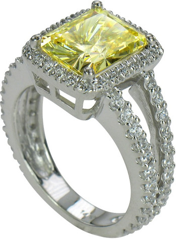 Carlton Emerald Radiant Cut 4 carat lab grown diamond simulant cubic zirconia pave halo split shank engagement ring in platinum.