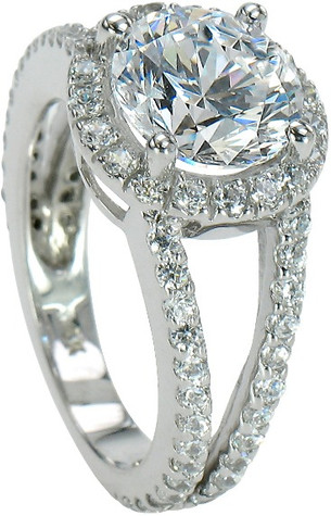 Carlton Round 2.5 carat laboratory grown diamond alternative cubic zirconia pave set halo split shank engagement ring in 14k white gold.