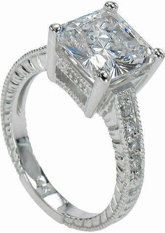 Tiburon 2.5 carat princess cut lab grown diamond simulant cubic zirconia engraved pave engagement ring 14k white gold.