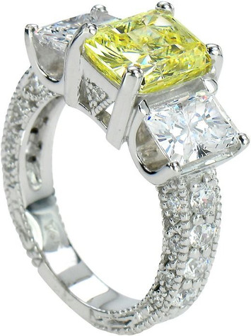 Carlisle 2.5 carat emerald radiant cut lab grown diamond simulant cubic zirconia antique estate three stone ring in 14k white gold.