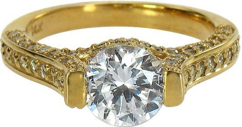 Round 1.5 Carat Tension Set Pave Solitaire with lab created diamond alternative cubic zirconia in 14k yellow gold.