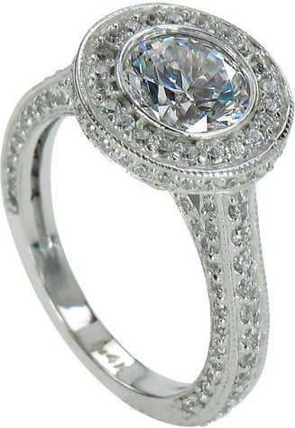 Harlie 2 carat round laboratory grown diamond alternative cubic zirconia pave set halo solitaire engagement ring in 14k white gold.