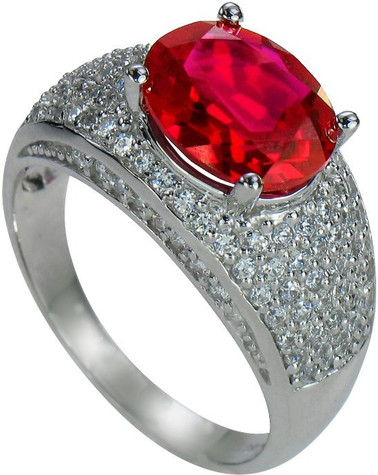 Lab created 3.5 carat ruby oval gemstone engagement ring pave set round lab grown diamond simulant cubic zirconia in 14k white gold.