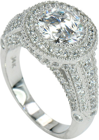 Round 2 Carat Halo Pave Encrusted Engagement Ring with Laboratory Grown Diamond Look Cubic Zirconia in 14K White Gold.