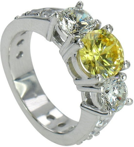 Blanca 1.5 carat round lab created cubic zirconia three stone solitaire engagement ring in platinum.