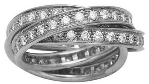 Rolling rings, trinity rings, Russian wedding rings in platinum with pave set round laboratory grown diamond quality cubic zirconia.