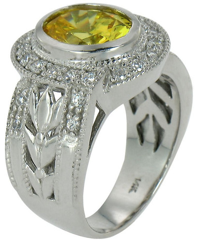Botanique 3.5 carat bezel set canary oval lab grown diamond alternative cubic zirconia pave halo engagement ring in platinum.