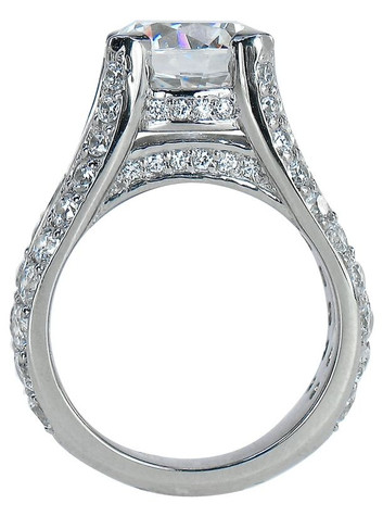 Burke 4 carat round and pave lab grown diamond quality cubic zirconia split shank solitaire engagement ring in 14k white gold.