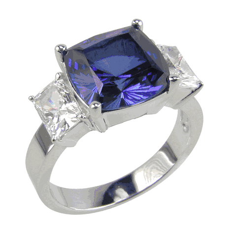 Lena man made sapphire cushion and emerald cut lab grown diamond alternative cubic zirconia three stone ring in 14k white gold.