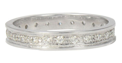 Fenton pave set round laboratory grown diamond simulant cubic zirconia eternity band in platinum.