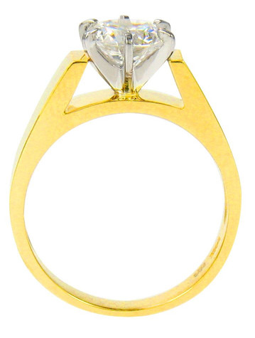 Francois 1.25 carat laboratory grown diamond look cubic zirconia round cathedral style solitaire engagement ring in 14k yellow gold.