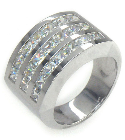 Thora Three Row Channel Set Princess Cut Band with lab grown diamond look cubic zirconia in 14k white gold.