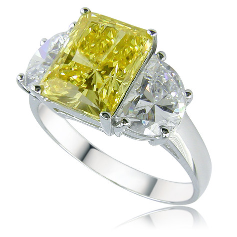 Mezza Luna 2.5 carat radiant emerald cut canary with half moon sides lab grown diamond look cubic zirconia engagement ring in 14k white gold.