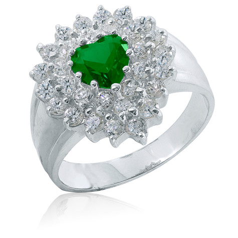 Heart 1 carat green synthetic emerald double halo lab grown diamond look cubic zirconia cluster ring in 14k white gold.