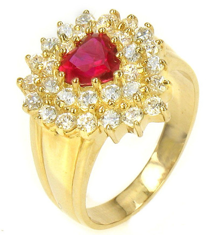 Heart 1 carat ruby red double halo lab grown diamond alternative cubic zirconia cluster ring in 14k yellow gold.