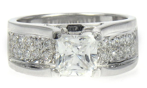 Princess Cut 1 Carat Pave Set Round Engagement Ring with lab grown diamond look cubic zirconia in platinum.