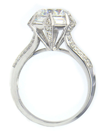 Round 2 Carat Baguette Pave Cathedral Split Shank Solitaire with laboratory grown diamond alternative cubic zirconia in 14k white gold.