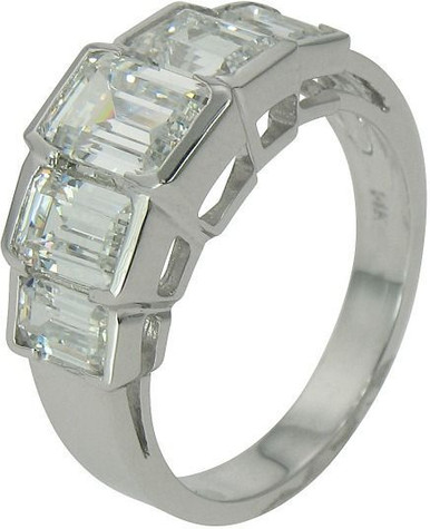 Emerald step cut lab grown diamond simulant cubic zirconia graduated semi bezel set band in platinum.