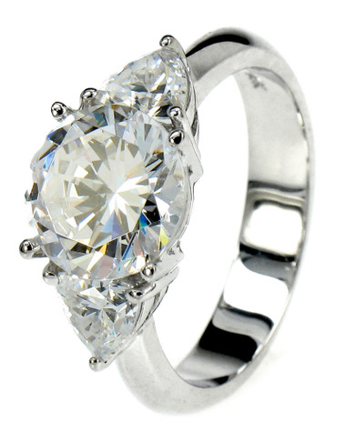 Tamar 2.5 carat round lab grown diamond look cubic zirconia solitaire with trillions engagement ring in 14k white gold.