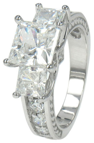Remy 1.5 carat princess cut laboratory grown diamond alternative cubic zirconia engraved three stone ring in platinum.