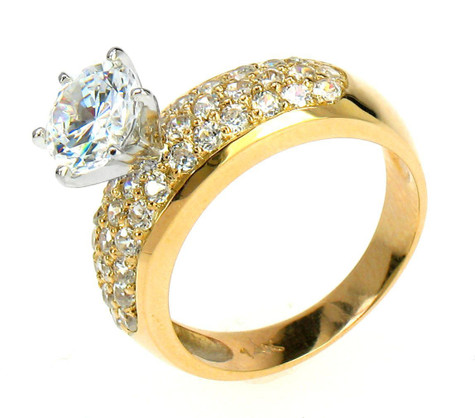 Round 1.5 Carat Pave Set Three Row Solitaire with lab grown diamond look cubic zirconia in 14k yellow gold.