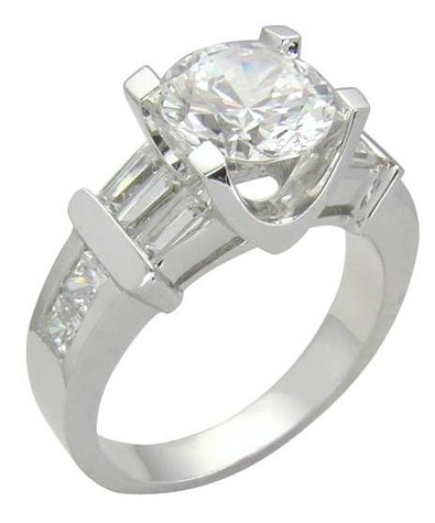 Gavra 2 carat round lab grown diamond alternative cubic zirconia channel set princess cut baguette engagement ring in 14k white gold.