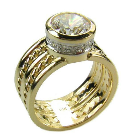 LaRopa 2 carat bezel set round lab grown diamond alternative cubic zirconia pave engagement ring rope design in 14k gold.