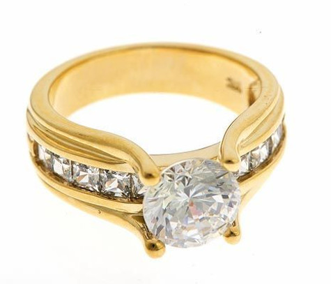 Round 2 Carat Channel Set Princess Cut Engagement Ring with lab grown diamond simulant cubic zirconia in 14k yellow gold.