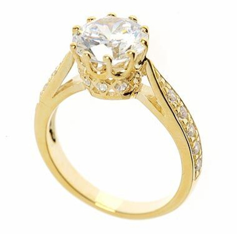 Round 2.5 Carat Cathedral Pave Engagement Ring with lab grown diamond simulant cubic zirconia in 14k yellow gold.