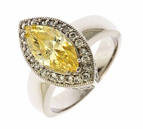 Martinique 3 carat lab grown diamond alternative cubic zirconia marquise canary halo engagement ring in 14k gold.