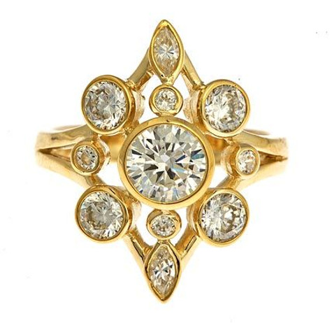 Morningstar 1.25 carat round center lab created diamond alternative cubic zirconia right hand cluster bezel ring in 14k yellow gold.