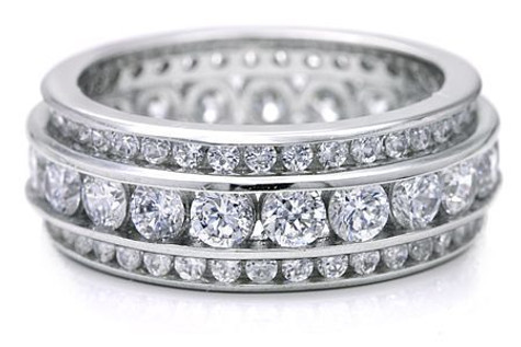 Three row channel set round lab grown diamond look cubic zirconia mens ring eternity band in 14k white gold.