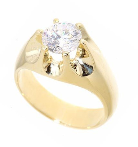Gypsy Claw Prong Set Men's Ring with simulated laboratory grown diamond alternative cubic zirconia in 14k yellow gold.